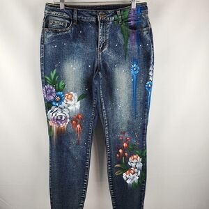 Boston Proper Jeans Womens 10 Art Floral Paint Decoration Blue Denim (32x28)